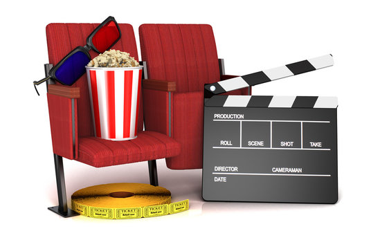Cinema clapper board, popcorn and 3d glasses on theater seat. ci