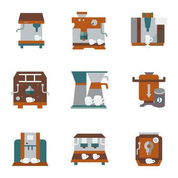 Flat color style icons for coffee equipment