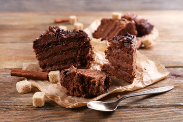 Fototapeta na wymiar Tasty chocolate cake on table, close-up