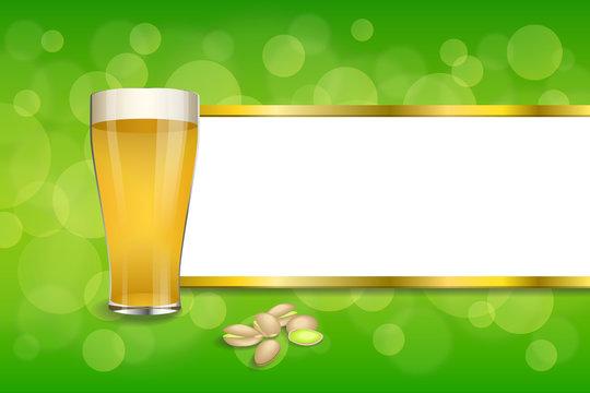 Background abstract green drink glass beer pistachios frame gold stripes illustration vector