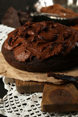 Chocolate cake on table, close-up