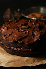 Chocolate cake on table, close-up