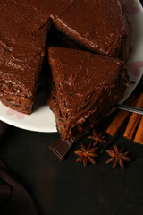 Chocolate cake on table, close-up