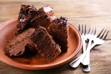 Tasty chocolate cake on table, close-up
