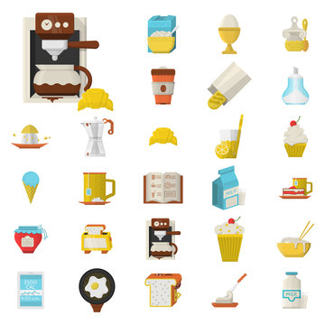 Breakfast flat color vector icons set