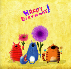 Happy Birthday Card Three Cats with Flowers
