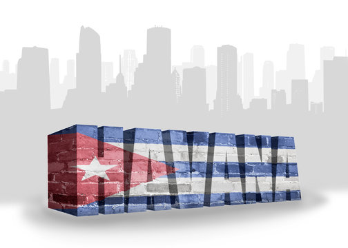 text havana with national flag of cuba near abstract silhouette of the city