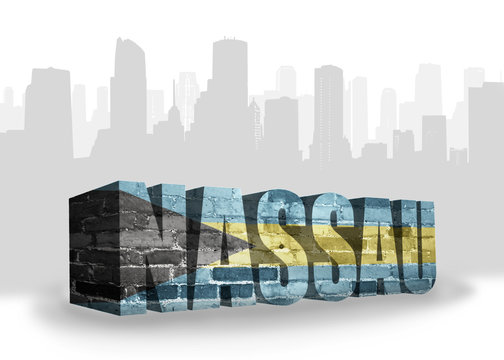 text nassau with national flag of bahamas near abstract silhouette of the city