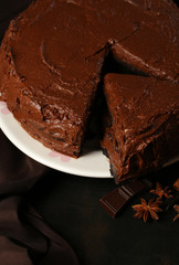 Chocolate cake on table, close-up