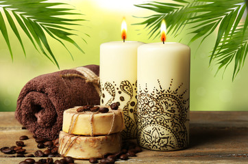 Obraz na płótnie Canvas Beautiful spa composition with decorative Indian candles on nature background