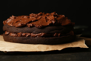 Chocolate cake on table, close-up