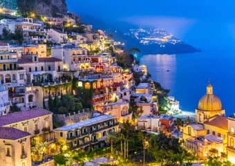 Foto op Plexiglas Positano strand, Amalfi kust, Italië Zonsondergang bij Positano-dorp aan de kust van Amalfi, Italië.
