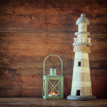 nautical lifestyle evening concept. old vintage lighthouse, lantern