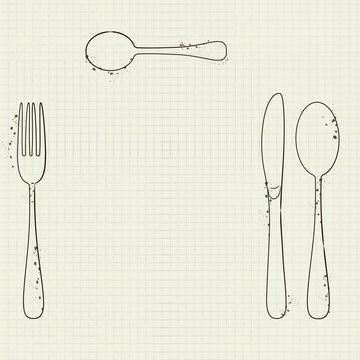 silhouettes of cutlery on a piece of a school notebook