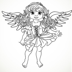 Pretty angel girl with wings black outline for coloring