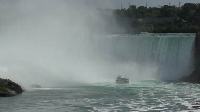 Sightseeing boat at the base of Niagara Falls in 4K