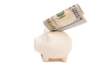 Pink piggy bank and one hundred dollar bill, isolated on white b