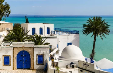 Afwasbaar Fotobehang Tunesië De blauwe stad Sidi Bou Said