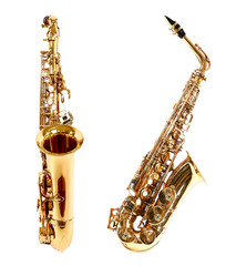 Golden saxophones isolated on white