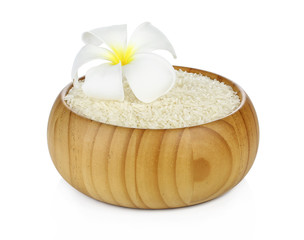 rice on bowl with plumeria on white background