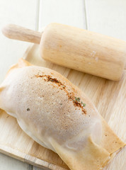 tuna bread on wooden dish