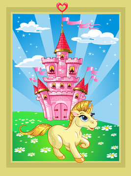 Fairytale landscape with pink magic castle and unicorn