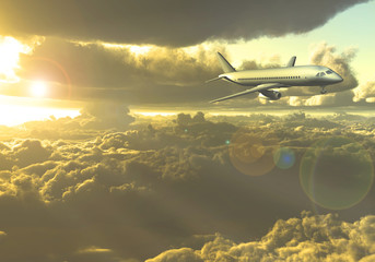 Naklejka premium Jet Aircraft flying between clouds