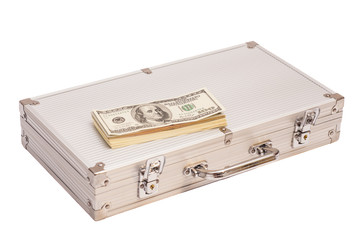 Silver case with dollars on white background