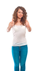 Fototapeta premium pretty curly woman showing thumbs up gesture