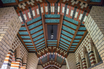 brick detail of ceiling in Art Deco style of hallway in Benedictine Abbey