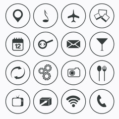 Media,food and communication icons set flat design