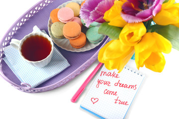 Composition with good morning top view on wooden background