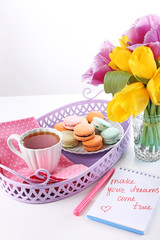 Composition with good morning top view on wooden background