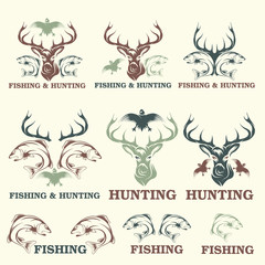 Set of vintage hunting and fishing labels and design elements