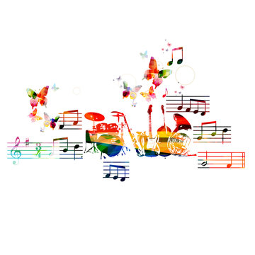 Colorful music instruments background with butterflies 