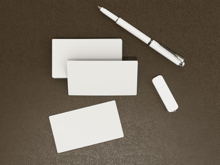 White business cards blank mockup on leather background