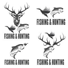 Set of vintage hunting and fishing labels and design elements