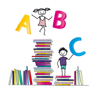 back to school - Fr&ouml;hliche Schulkinder mit bunten Buchstaben und vielen B&uuml;chern - Schulbeginn - Lesen lernen macht Spass - Lesezeit f&uuml;r Leseratten, Schulbeginn und Einschulung