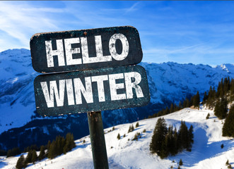 Hello Winter sign with sky background