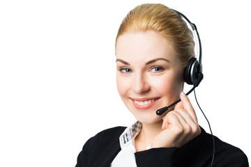 junge lächelnde Geschäftsfrau mit Headset