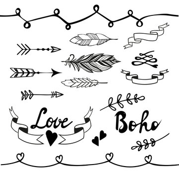 Collection of boho doodle design elements. Vector illustration.