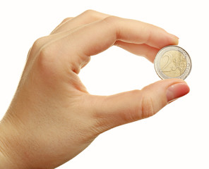 Female hand with coin isolated on white