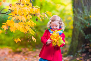 Little girl playing in beautiful autumn park