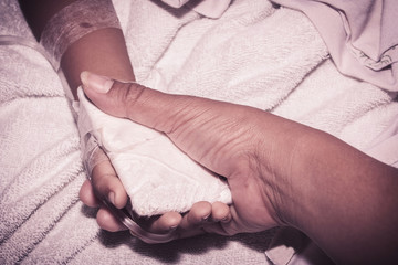 vintage of mother take care her son, little boy Sick lying in a