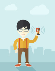 Japanese Office worker and his smartphone.