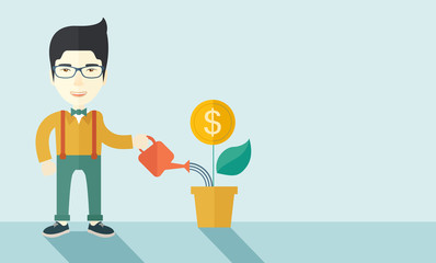 Chines Business person watering a growing plant.