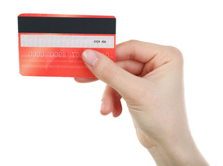 Hand holding credit card, isolated on white