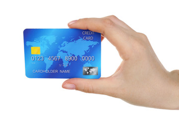 Hand holding credit card, isolated on white