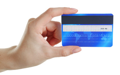 Hand holding credit card, isolated on white