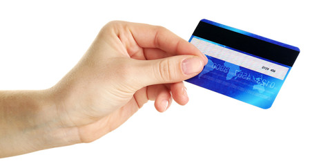 Hand holding credit card, isolated on white